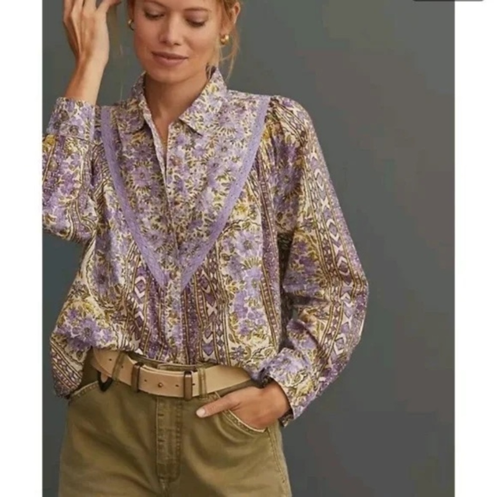 Pilcro by Anthropologie Lilac Yellow Floral Button Down Shirt